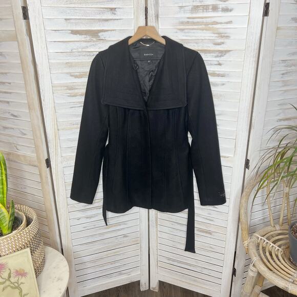 BABATON Women's The Connor Coat Short Virgin Wool Cashmere Coat Black Belted M - Picture 2 of 16
